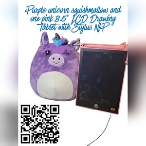 Purple Unicorn Squishmallow with Pink LCD Drawing Tablet & Stylus